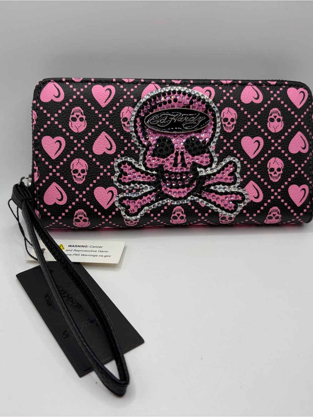 Ed Hardy Black and Pink Skull Wristlet Clutch Wallet